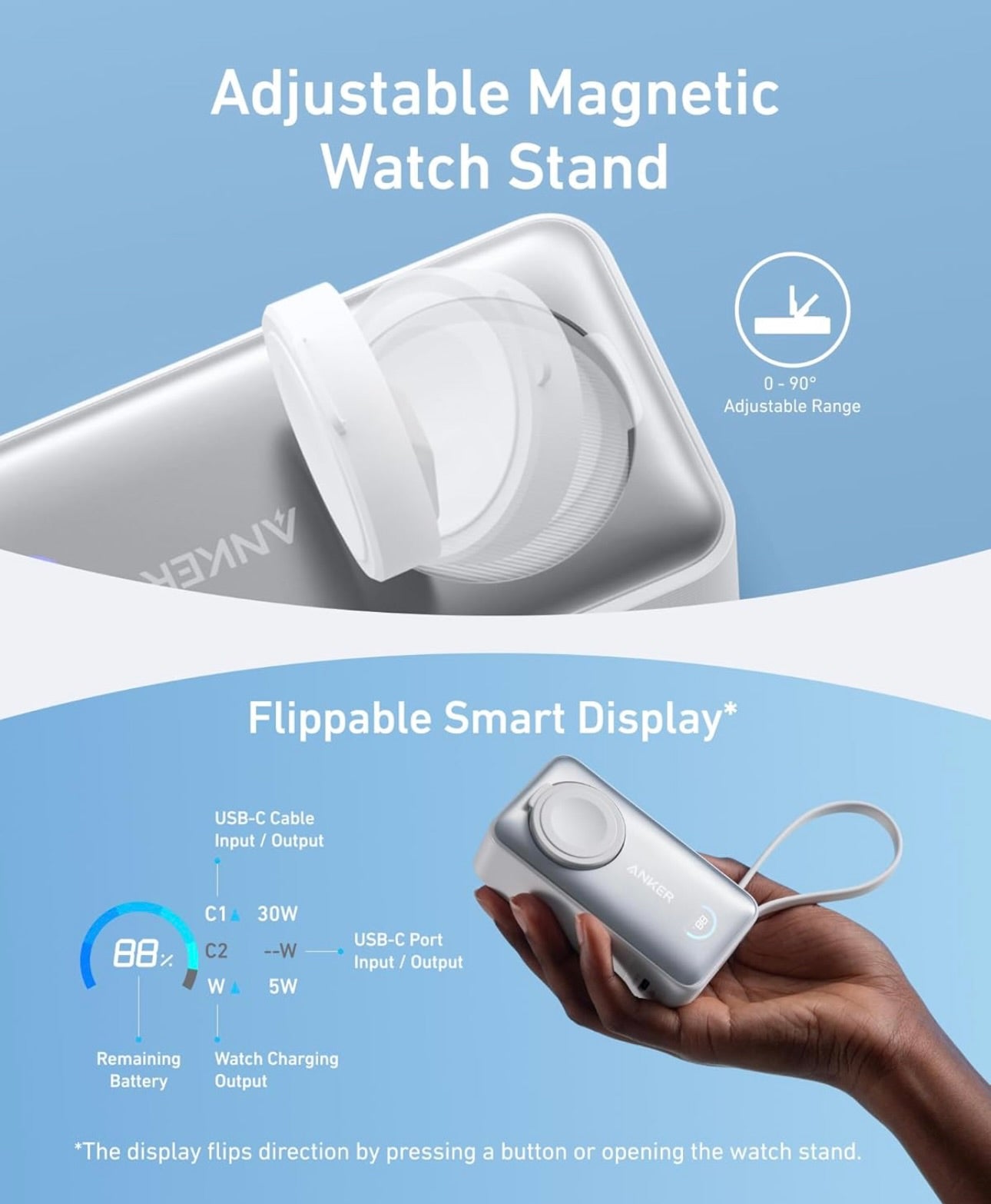 Anker MagGo Power Bank for Apple Watch, Officially Certified, 10,000 mAh Compact Battery - NEW