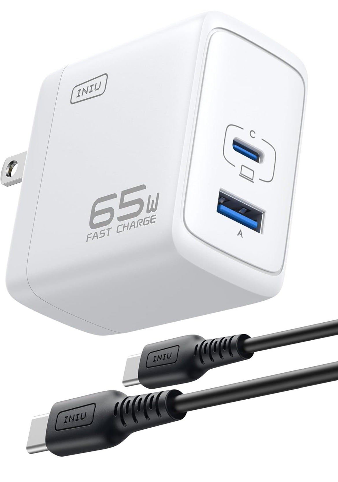 INIU 65W USB C Charger, PD QC 3.0 Fast Charging Type C Wall Charger Block, 2 Ports USB-C Power Adapter for iPhone 16 15 14 Pro Max iPad Pro AirPods Samsung S23 Google Pixel Tablet Switch, White