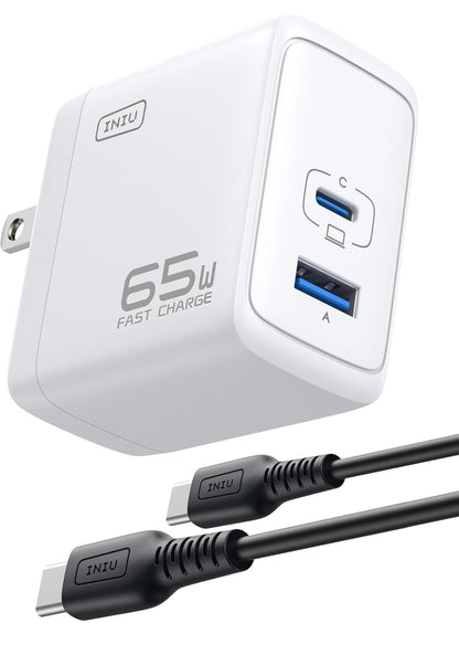 INIU 65W USB C Charger, PD QC 3.0 Fast Charging Type C Wall Charger Block, 2 Ports USB-C Power Adapter for iPhone 16 15 14 Pro Max iPad Pro AirPods Samsung S23 Google Pixel Tablet Switch, White