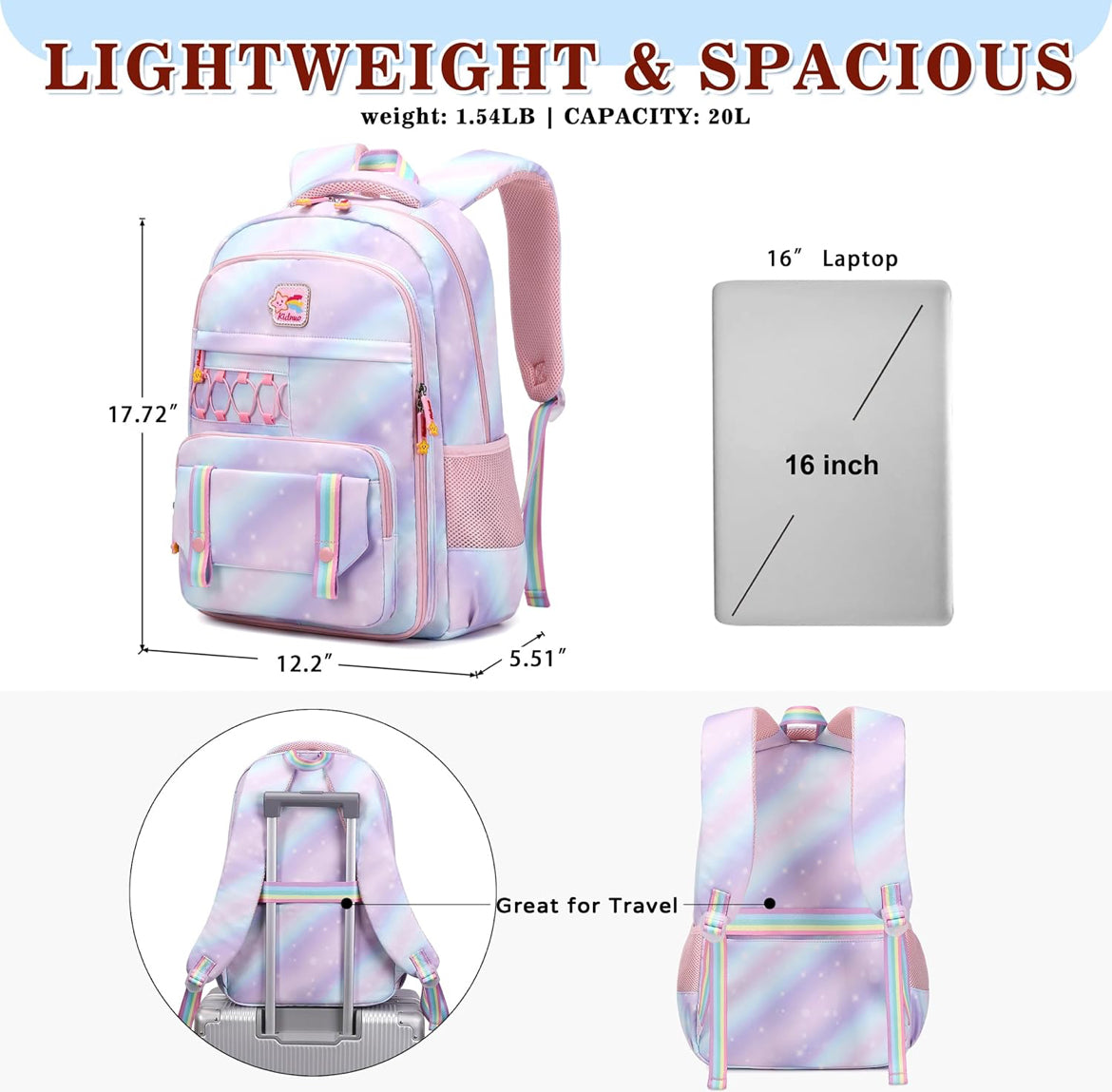 Girls Backpack 15.6 Inch Laptop School Bag Cute Kids Kindergarten Elementary Backpacks Middle Schoolbag Large Bookbags for Women Teens Students Anti Theft Travel Daypack (Purple)