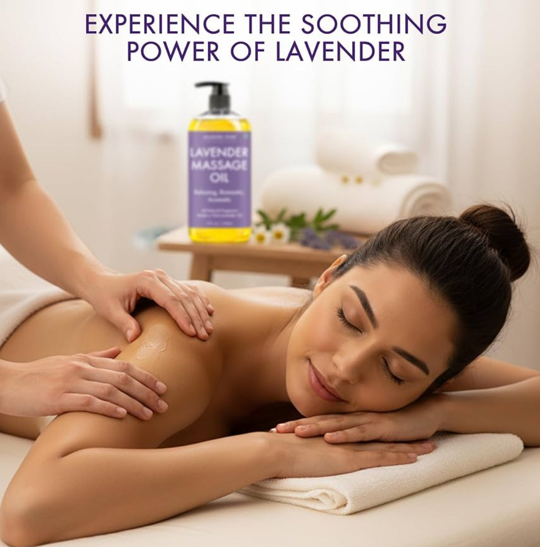 PURE Lavender Massage Oil for Massage Therapy - Refreshing, and Relaxing - Natural Oils with Lavender Essential Oil - for All Skin Types - Men and Women Massage Lotion - 8 fl oz