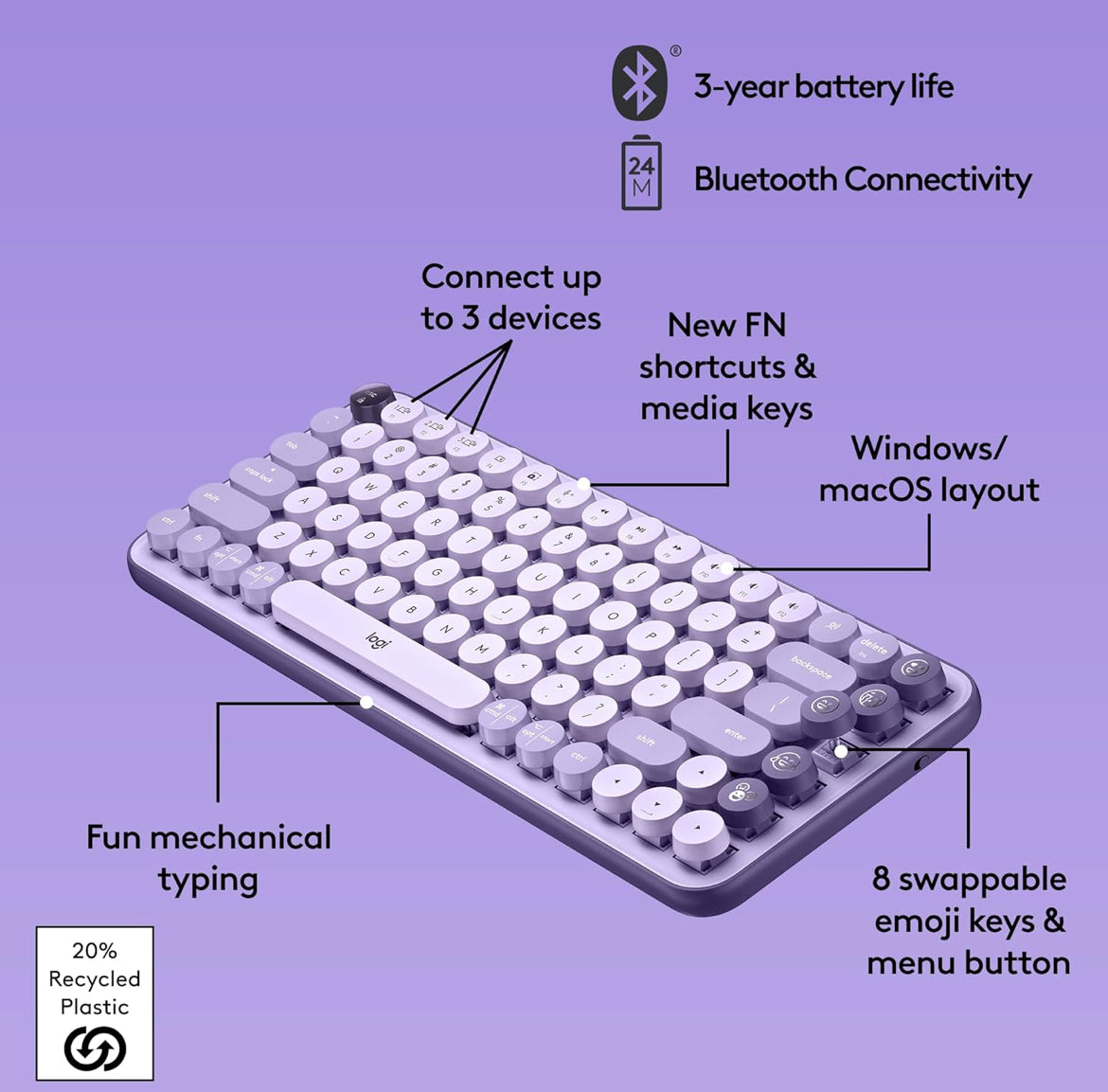 Logitech POP Keys Mechanical Wireless Keyboard with Customizable Emoji Keys, Durable Compact Design, Bluetooth or USB Connectivity, Multi-Device, OS Compatible - Cosmos