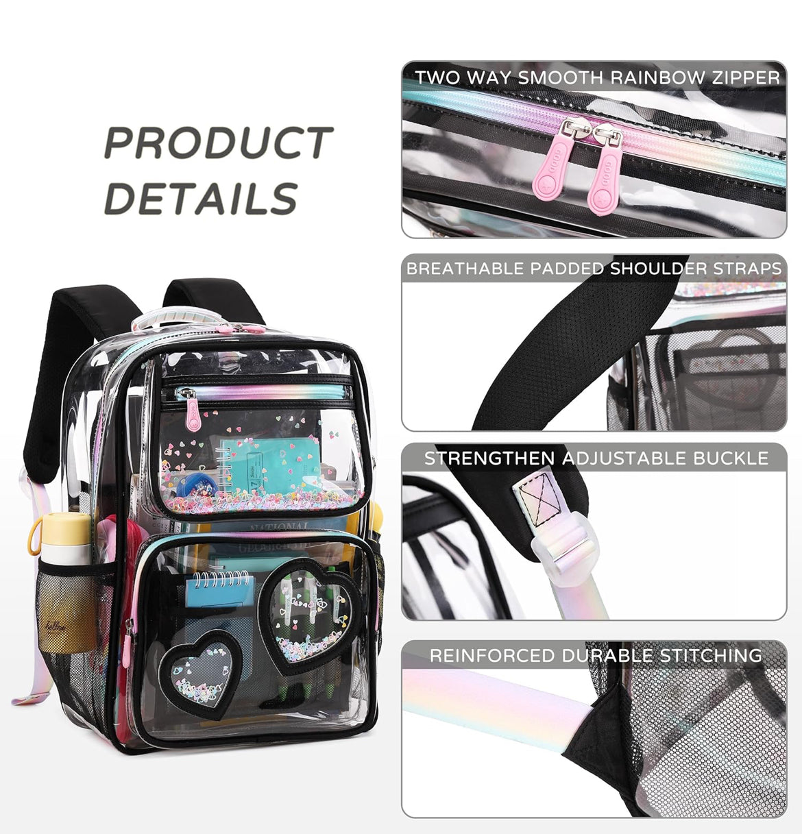 Clear Backpack for Girls Women Transparent Kids Elementary College School Bag Travel Laptop Backpacks Large Bookbags (Black)