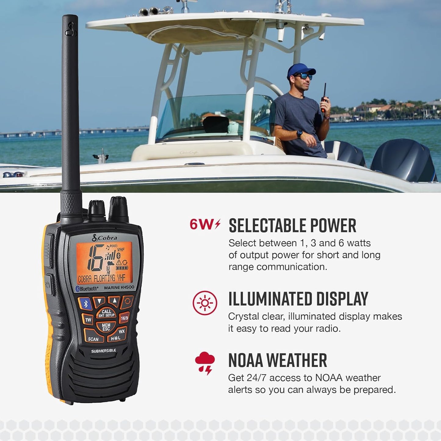 Cobra MR HH500 FLT BT Handheld Drywende VHF Radio – 6 Watt, Bluetooth, Onderdompelbaar, Geraasdempende Mik, Agtergrondverligte LCD-skerm, Drywende en Waterdigte Ontwerp (IP67-gradering), Geheueskandering, Swart