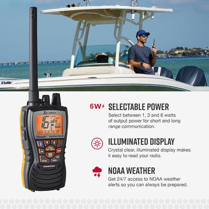 Cobra MR HH500 FLT BT Handheld Drywende VHF Radio – 6 Watt, Bluetooth, Onderdompelbaar, Geraasdempende Mik, Agtergrondverligte LCD-skerm, Drywende en Waterdigte Ontwerp (IP67-gradering), Geheueskandering, Swart