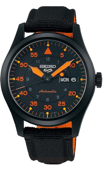 Seiko Manshorlosie, 41-Uur Kragreserwe, Vlekvrye Staal Kas, Swart Nylonband, Blou en Oranje Wysplaat, Dag/Datumskerm, 100m Waterbestand