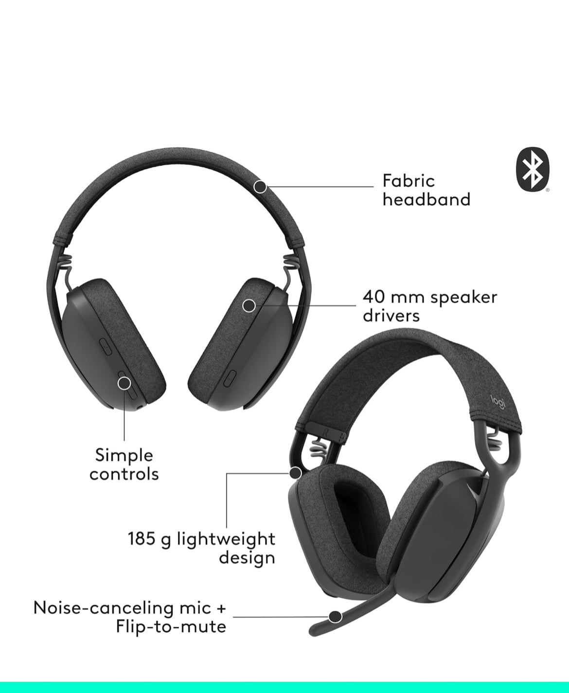 Logitech Zone Vibe 100 Liggewig Draadlose Oor-oor-koptelefoon met Geraasdempende Mikrofoon, Gevorderde Multipoint Bluetooth-koptelefoon, Werk met Teams, Google Meet, Zoom, Mac/PC - Grafiet