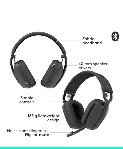 Logitech Zone Vibe 100 Liggewig Draadlose Oor-oor-koptelefoon met Geraasdempende Mikrofoon, Gevorderde Multipoint Bluetooth-koptelefoon, Werk met Teams, Google Meet, Zoom, Mac/PC - Grafiet