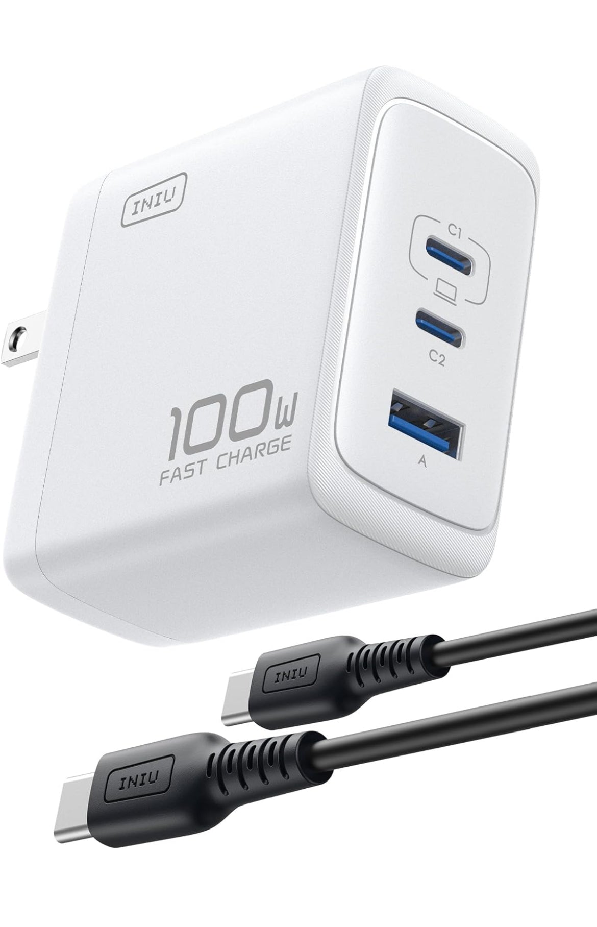 USB C Charger, INIU 3-Port 100W GaN Charger, Compact Foldable PD PPS USB C Wall Charger Block for MacBook Pro/Air, iPad Pro, Galaxy S23, Dell XPS 13, Note 20/10+, iPhone 16/15, Steam Deck, White