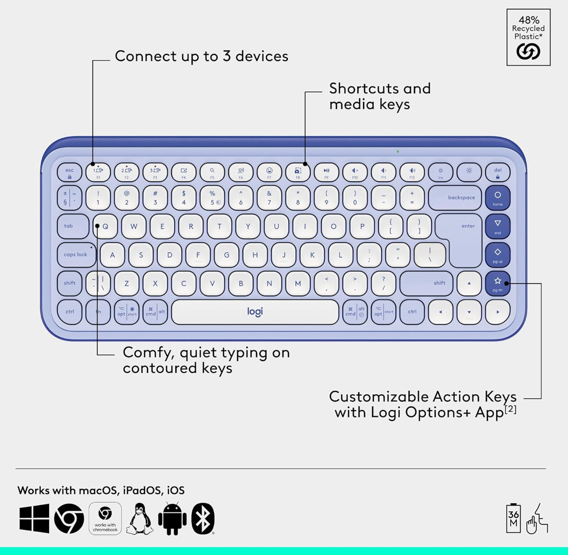Logitech POP ICON Combo, Bluetooth-sleutelbord en -muiskombo, Gemaklike Tik, programmeerbare Sleutels en Knoppies, Stil klikke, Maklike Wisseling tot 3 Toestelle - Pers