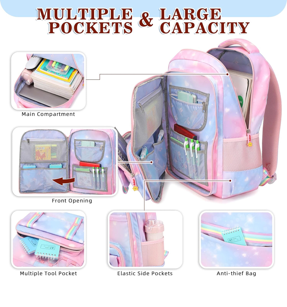 Girls Backpack 15.6 Inch Laptop School Bag Cute Kids Kindergarten Elementary Backpacks Middle Schoolbag Large Bookbags for Women Teens Students Anti Theft Travel Daypack (Pink)