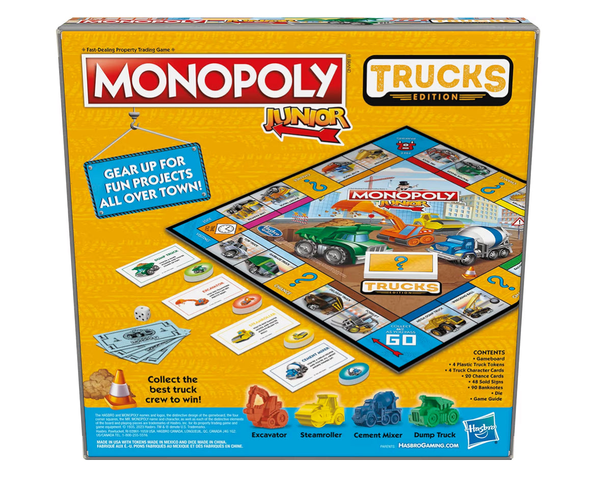 Monopoly Junior Trucks Edition Board Game for Kids Ages 5+, 2-4 Player Kids Games