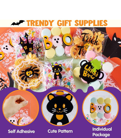JOYIN 150 Stuks Halloween Sellofaan Behandelingsakkies, Selfklevende Deursigtige Koekie- en Lekkergoedhouers vir Kinders se Snuffel of Behandeling, Klein Geskenk-sluitsakkies in Grootmaat vir Halloween-partytjie-gunste in 6 Ontwerpe