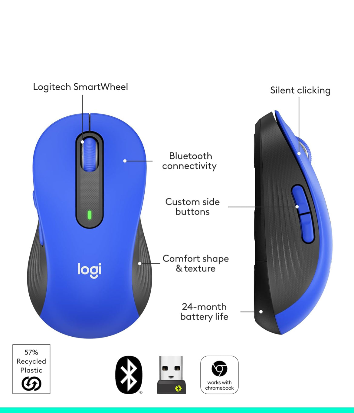 Logitech Draadlose Muis Signature M650 L Volgrootte - Groot Hande, Stil Klieke, Aanpasbare Knoppies, Bluetooth, PC/Mac/Chromebook - Klassieke Blou, Regshandig, Groot