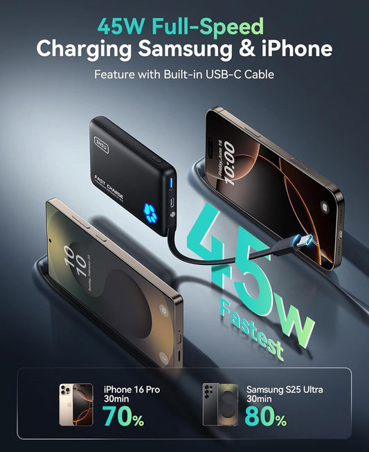 INIU 45W Draagbare Laaier, 10000mAh Ingeboude USB C-kabel Vinnig Laaiende Kragbank, Klein Tipe C Batterypak, Kragbank vir iPhone 16 15 14 13, iPad, Samsung S25 S24 ens. Reis- en Kampbenodighede