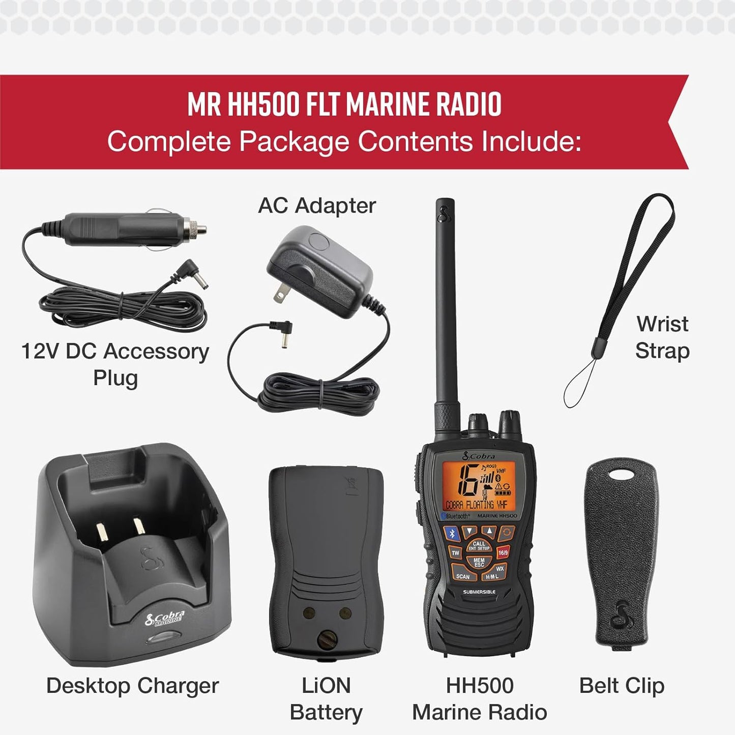 Cobra MR HH500 FLT BT Handheld Drywende VHF Radio – 6 Watt, Bluetooth, Onderdompelbaar, Geraasdempende Mik, Agtergrondverligte LCD-skerm, Drywende en Waterdigte Ontwerp (IP67-gradering), Geheueskandering, Swart