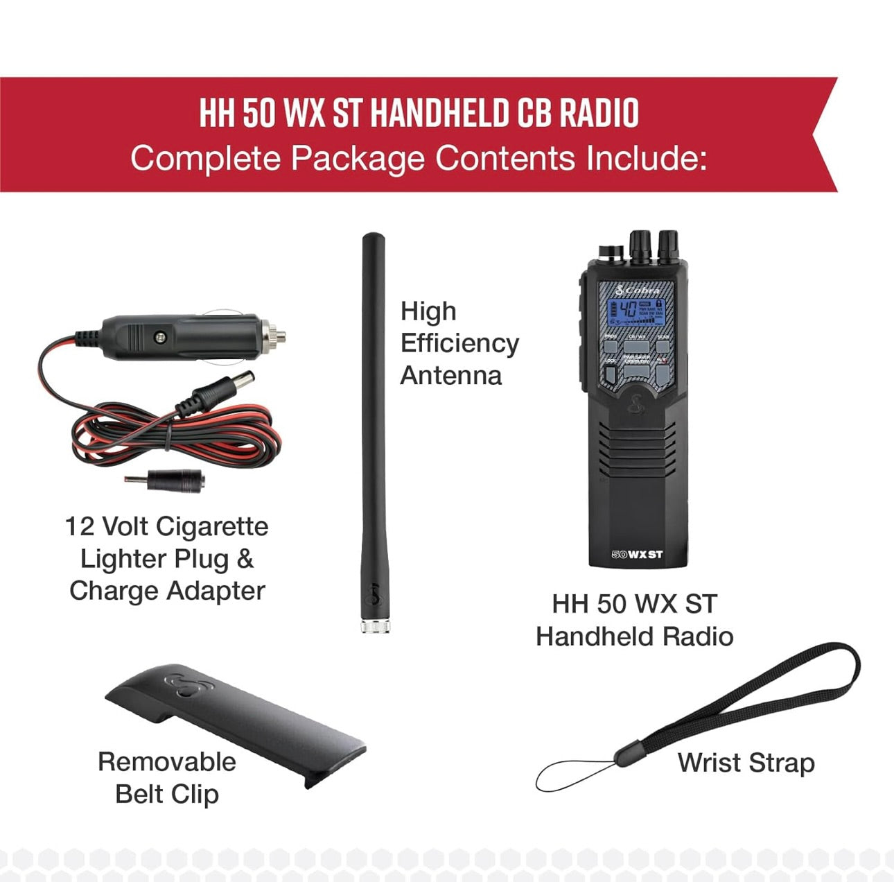 Cobra HH50WXST Handheld CB Radio - Noodradio met Toegang tot Volle 40 Kanale en NOAA Waarskuwings, Oorfone-aansluiting, 4 Watt Kraglewering, Geraasvermindering en Dubbelkanaalmonitering, Swart