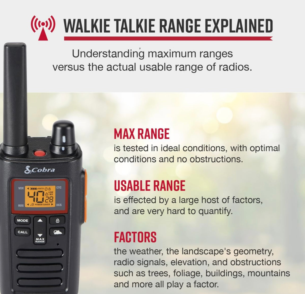 Cobra RX380 Walkie Talkies (2-pak) – Weerbestande tweerigtingradio's met lang reikafstand, 40 voorafgeprogrammeerde kanale, weerkennisgewings, LED-flitslig, langdurige NiMH-batterye (swart)