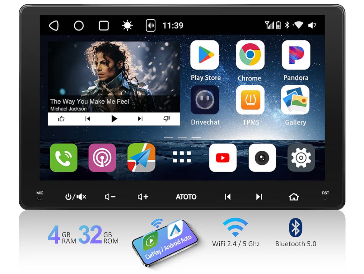 9" Dubbel-Din Kar Stereo Draadloos CarPlay & Android Auto QLED Raakskerm, Dubbele Bluetooth, GPS Nasporing