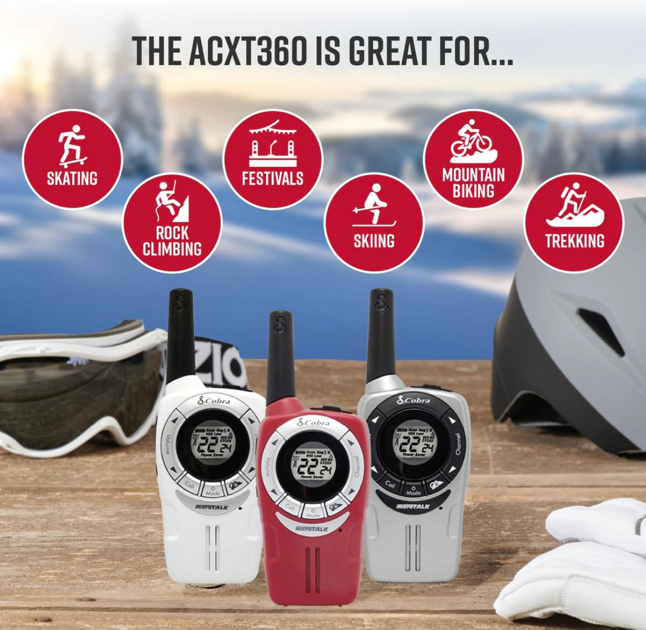 Cobra ACXT360 Water Resistant Walkie Talkies – Rechargeable, 22 Channels, Long Range 25-Mile Range Two-Way Radios 3-Pack, White, Silver and Red
