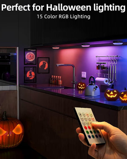 Under Cabinet Lighting,1000mAh Rechargeable Puck Lights w/ Remote 12 RGB Motion Sensor Closet Lights Indoor Dimmable (6 PK)