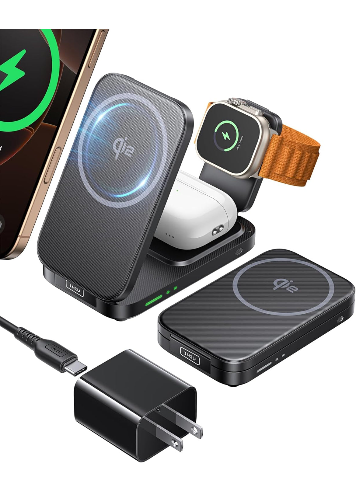 INIU 3 in 1 Wireless Charging Station, Qi2 Certified 15W Travel Charger for Apple Multiple Devices, Foldable Charger Stand for iPhone 16 15 14 13 12 Series Apple Watch AirPods (with Adapter)