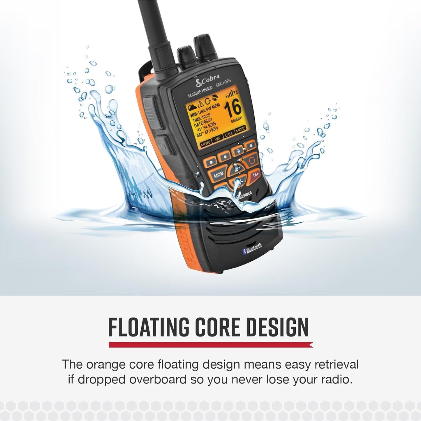 Cobra MR HH600FLTBTGPS Handheld Floating VHF Radio – 6 Watt, GPS, Bluetooth, Submersible, Noise Cancelling Mic, Backlit LCD Display, Memory Scan, Grey
