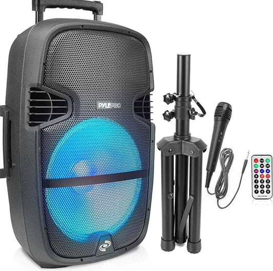 Portable Bluetooth PA Speaker System - 1000W w/Microphone in, Party Lights, USB SD Card Reader, FM Radio, Wheels - Remote Control