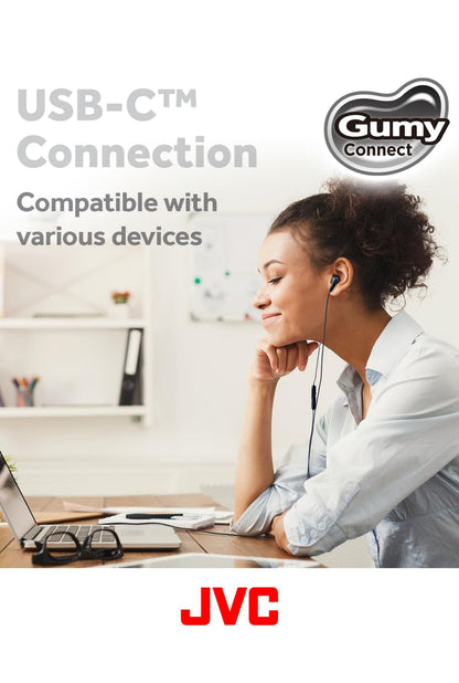 JVC Gumy Connect USB-C Bedrade Oorfone, Vertragingvry vir Video's en Speletjies, Ingeboude DAC Verminder Geraas en Verbeter Klankgehalte, 9.2 mm Deursnee Neodymium Drywers - HAFR9UCB (Swart)