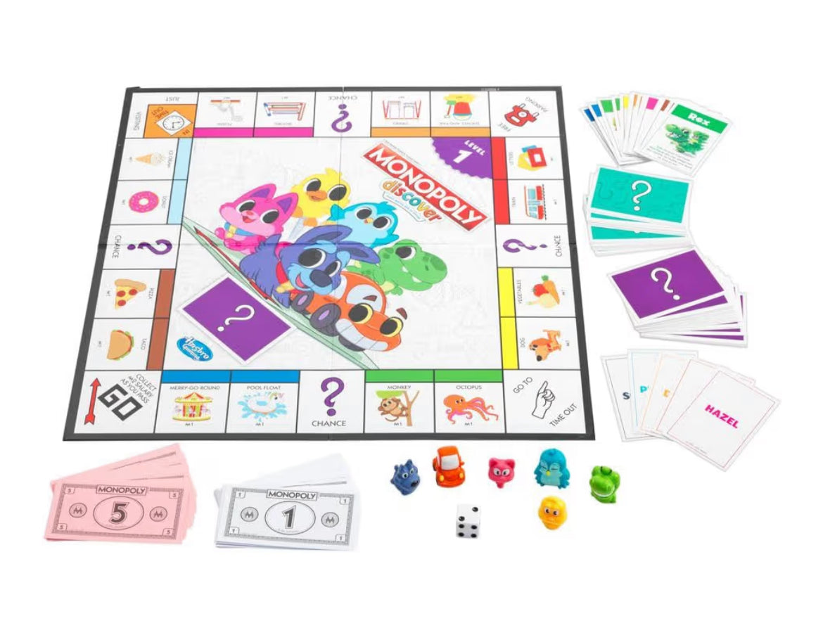 Monopoly Discover Board Game for Kids Ages 4+, Fun Game for Families, 2-Sided Gameboard for 2-4 players, 2 Levels of Play, Playful Teaching Tools for Families