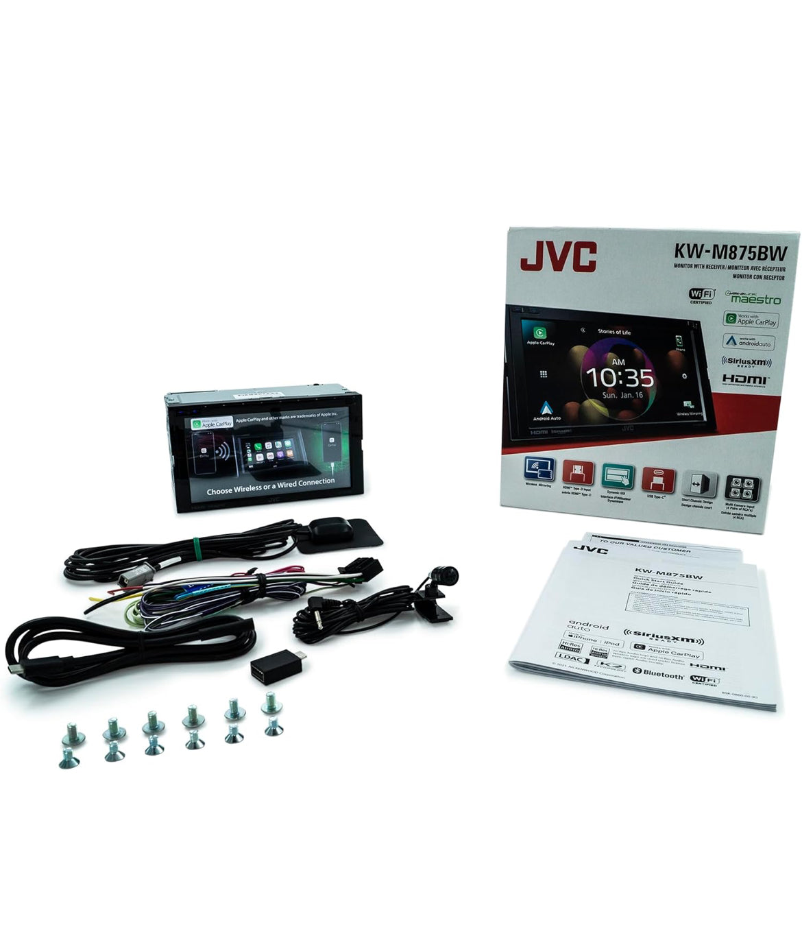 JVC Built in Wi-Fi for Wireless CarPlay Android Auto, 6.8" LCD Touchscreen Display, AM/FM, Bluetooth, MP3 Player, USB Port, Double DIN, 13-Band EQ, SiriusXM Car Radio