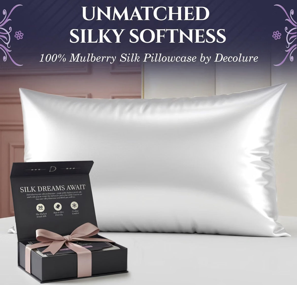 DECOLURE 100% Pure Mulberry Silk Pillow Case Standard Size – Highest Grade 30 Momme 6A+, Luxuriously Soft & Cooling Silk Pillowcase for Hair & Skin, Hypoallergenic, Breathable, Hidden Zipper (White)