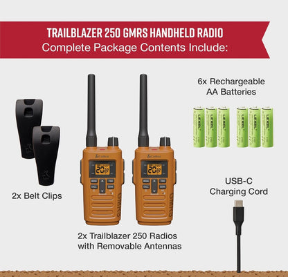 Cobra Trailblazer 250 GMRS Radio (2-pak) – AA Battery Aangedryf met USB-C Laai, Kompakte 2.5W Langafstand Walkie Talkies, NOAA, Programmeerbare Sagteware, Verwyderbare Antenna, Herhaler Bekwaam