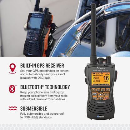 Cobra MR HH600FLTBTGPS Handheld Dryf-VHF-radio – 6 Watt, GPS, Bluetooth, Onderdompelbaar, Geraasdempende mikrofoon, Verligte LCD-skerm, Geheue-skandering, Grys
