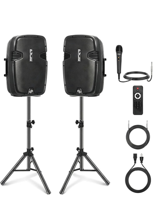 Draadlose Draagbare PA Luidsprekerstelsel - 1800W Hoëkrag Bluetooth-versoenbare Aktiewe + Passiewe Paar Buiteklankluidsprekers met USB SD MP3 AUX - 35mm Montering, 2 Staanders, Mikrofoon, Afstandbeheer