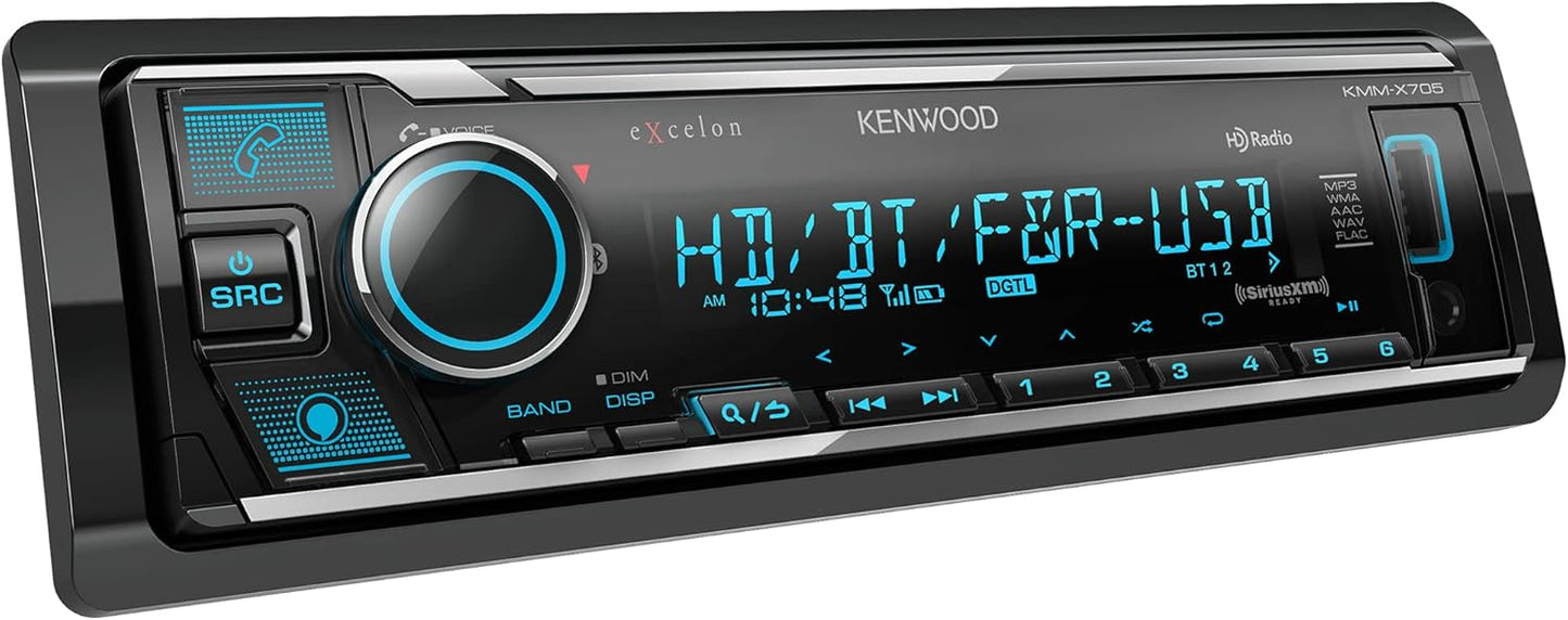 Kenwood KMM-X705 Excelon Digital Multimedia Car Stereo - Single DIN with Bluetooth, AM/FM HD Radio, Alexa Built in, Variable Color, SiriusXM