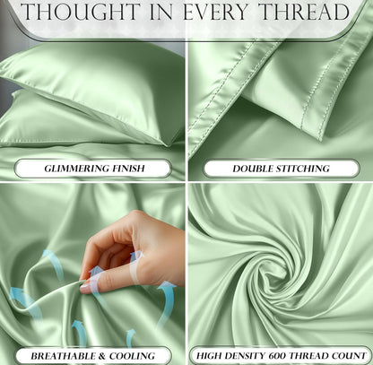 DECOLURE Satin Bed Sheets - 4 Piece Luxury Silky Queen Size Bedding Set - Softer Than Silk, Wrinkle-Free with 15” Deep Pocket Fitted Sheet, Perfect for Hair & Skin, Gifts for Women (Sage Green)