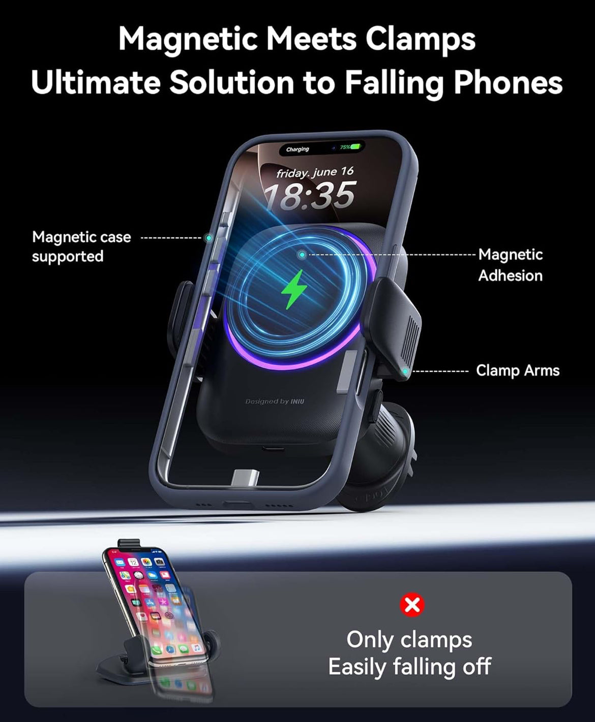INIU Car Phone Holder for Magsafe, Qi2 Certified Wireless Car Charger for Cell Phone Mount Dash【360°】 Phone Mount Auto Clamping Car Accessories Compatible with iPhone 16 15 14 13 Xs XR Samsung S23 etc