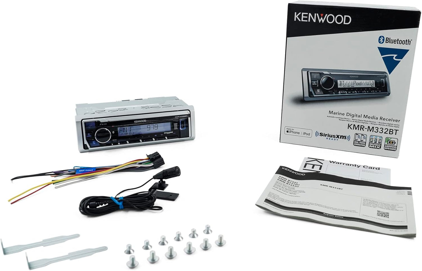 KENWOOD KMR-M332BT Motor- en mariene-stereo - Enkele DIN, Bluetooth-oudio, USB MP3, Aux-in, AM FM-radio SiriusXM-gereed, Weerbestand, Veelkleurige beligting