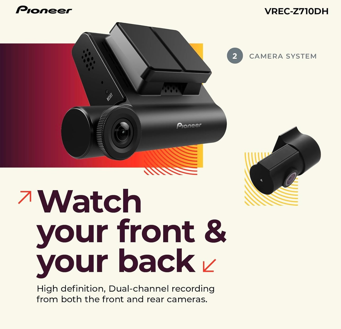 Pioneer VREC-Z710DH - Hoëdefinisie Dash Cam, 4K Ultra HD-opname, Dubbelkanaal, GPS-opsporing, Wi-Fi-konnektiwiteit, en Gevorderde Bestuurderbystandstelsels