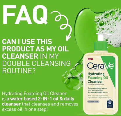 CeraVe Hydrating Foaming Oil Cleanser, Bevogtigende Reiniger vir Gesig en Liggaam, Skwalaanolie + Hialuroonsuur vir Droë tot Baie Droë Vel (8 FL Oz)