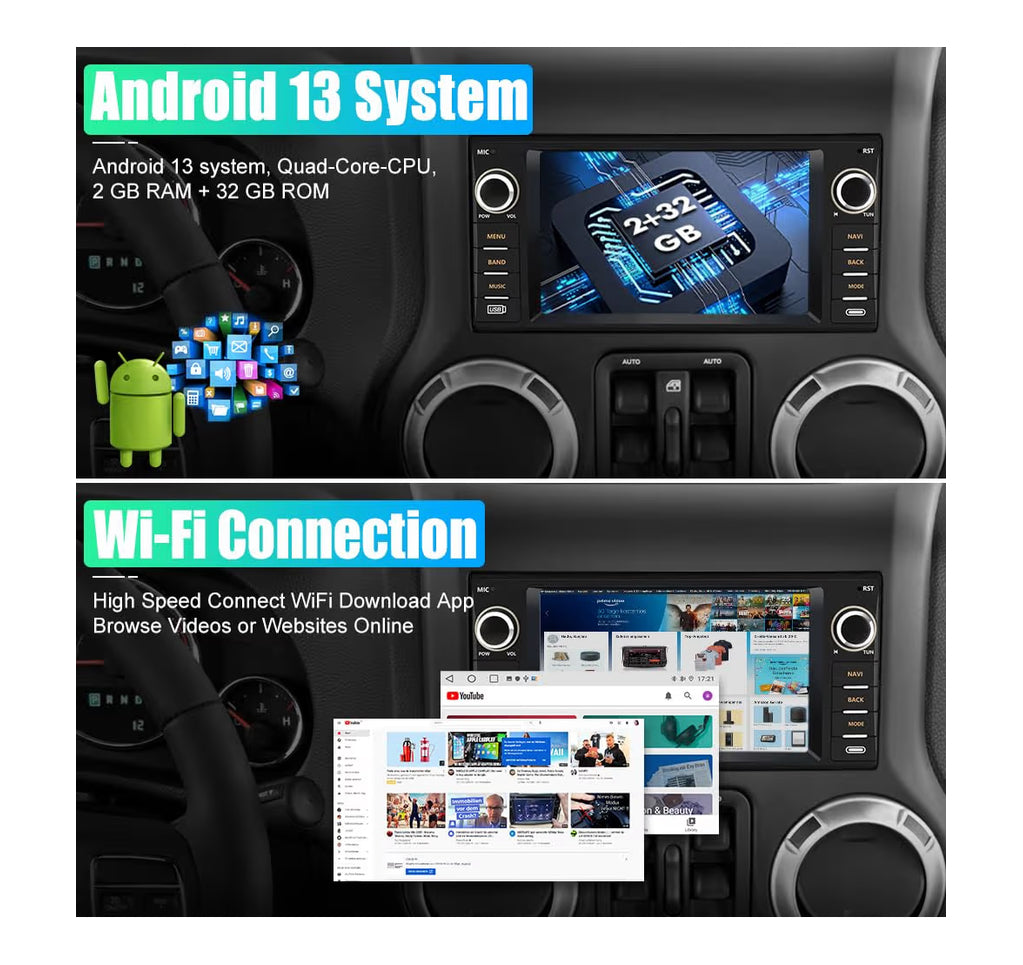 7" Touch Screen WiFi GPS FM Radio + Backup Camera Android Auto / Wireless Carplay Car Stereo for Jeep Wrangler Radio 2007-2018 Chrysler Dodge Ram 1500