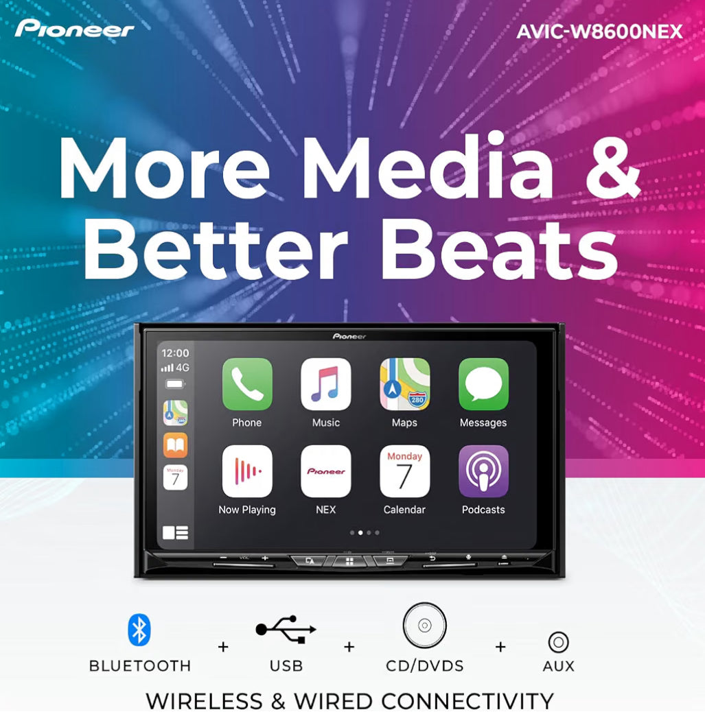 Pioneer AVIC-W8600NEX 7" Capacitive Touchscreen Double Din Car Stereo
Multimedia Receiver, Wireless Apple CarPlay, Android Auto, GPS, Bluetooth, CD/DVD, USB, HD Radio, Backup Camera, Hi-Volt RCA