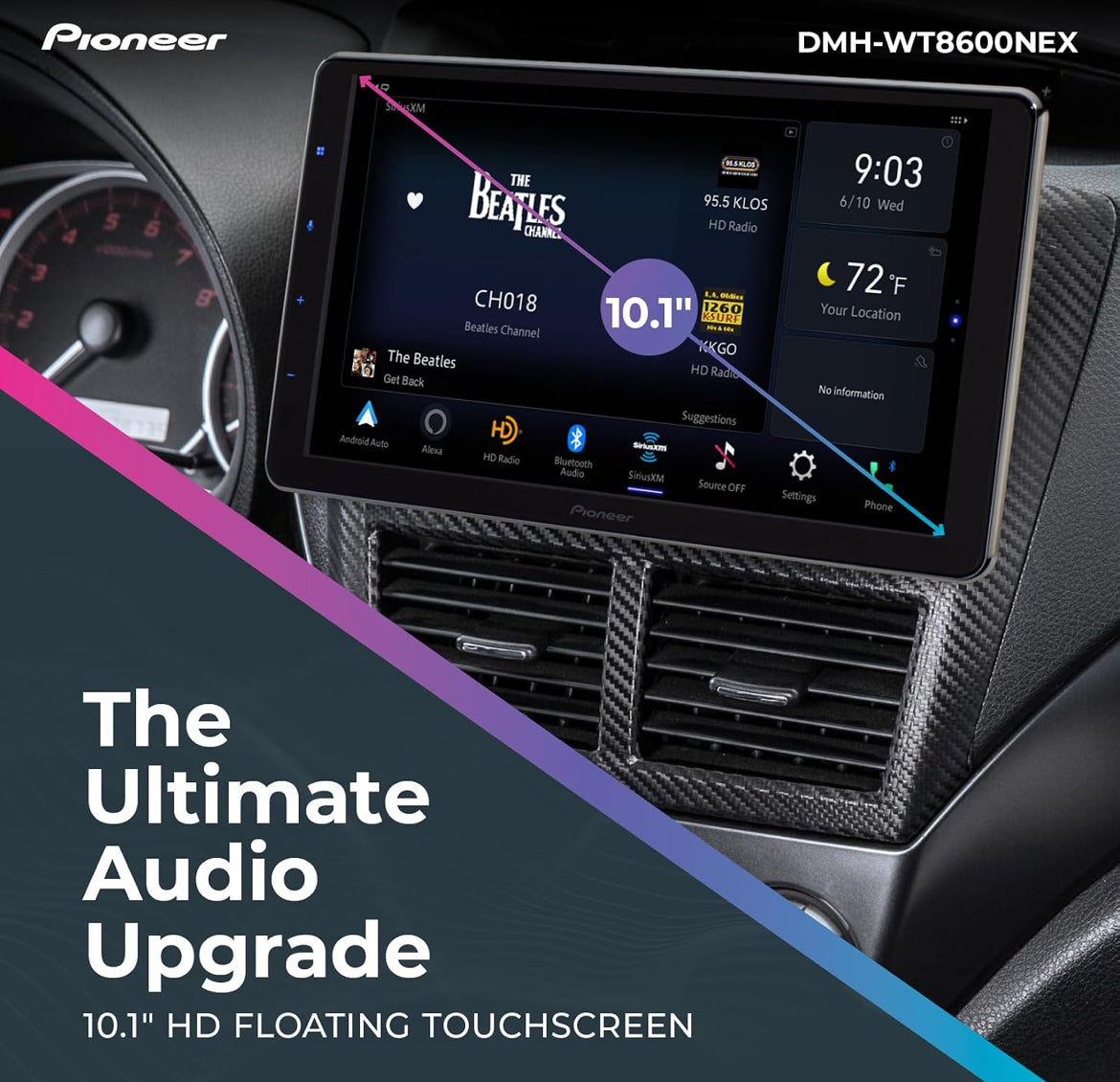 Pioneer DMH-WT8600NEX 10.1" HD Touchscreen Floating Display Car Stereo
Digital Multimedia Receiver, Wireless CarPlay & Android Auto, Amazon Alexa Built-In, Bluetooth, FLAC, Backup Cam, HD Radio
