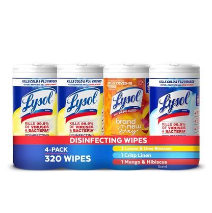 Lysol Ontsmettingsdoekies Bondel, Noodsaaklikhede vir Huiswoonstel Koshuiskamer en Skoonmaakbenodigdhede, Algemene Skoonmaker, Veeldoelige Skoonmaakdoekies, Veelvuldige-Geur Sanitasie Doekies Bondel, 80 Tel (4pk)