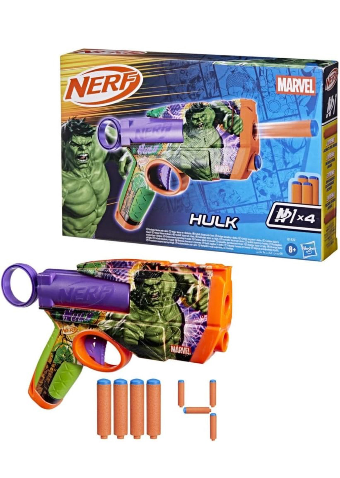 Nerf Marvel Hulk Dart Blaster | 4 Nerf N1 Foam Darts | Hulk-Inspired Blaster Skin Designs | Kids Gifts |Outdoor Toys & Games for Ages 8+