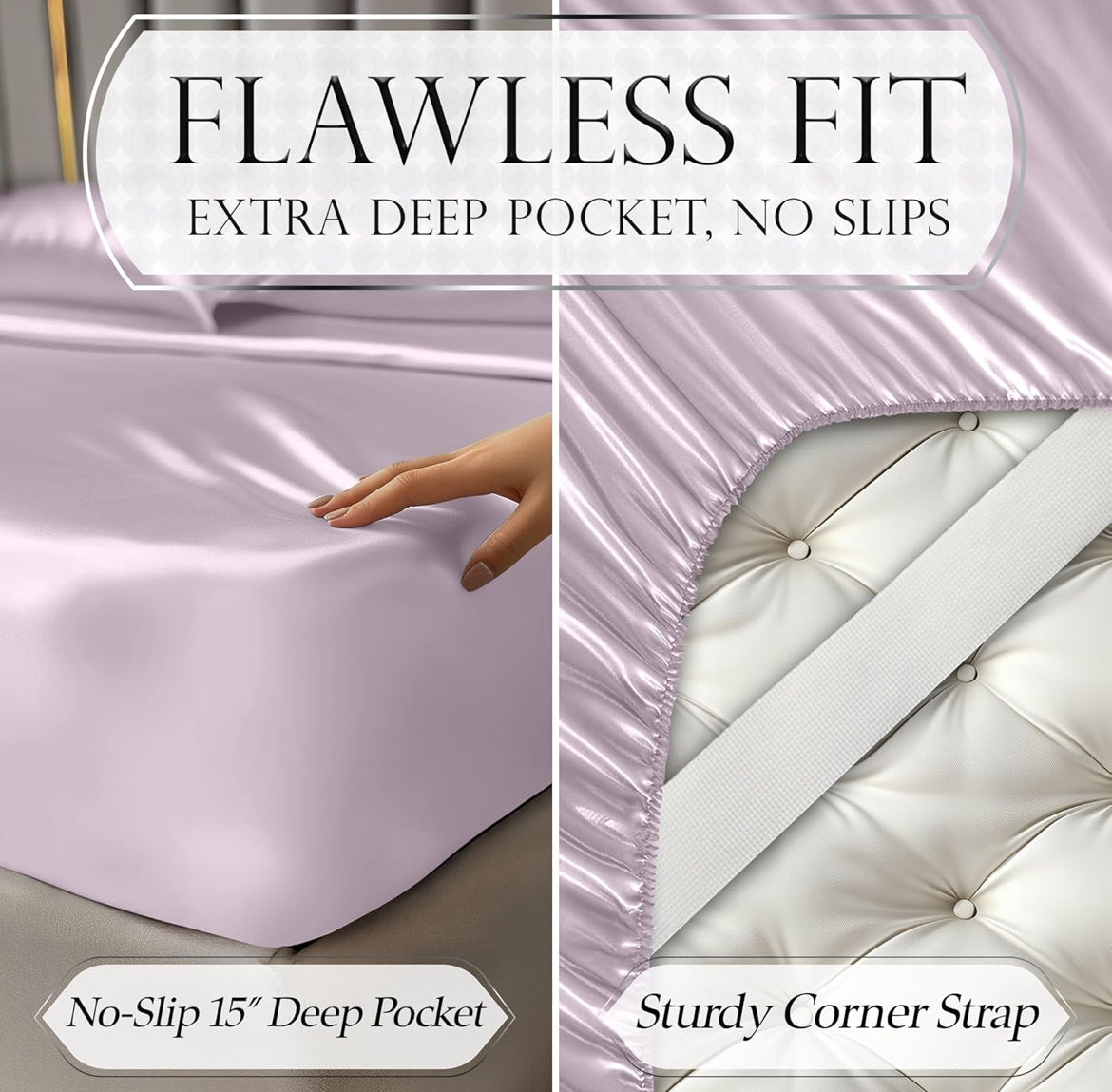 DECOLURE Satin Bed Sheets - 4 Piece Luxury Silky Queen Size Bedding Set - Softer Than Silk, Wrinkle-Free with 15” Deep Pocket Fitted Sheet, Perfect for Hair & Skin, Gifts for Women (Lavender)