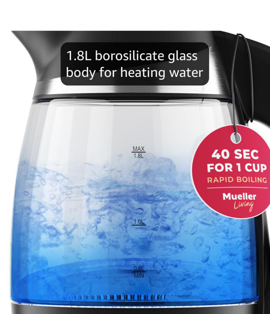Elektriese Ketel, Elektriese Teeketel om Water Te Kook, 1500W Spoedkoker met Outomatiese Afskakeling, 1.8L Koordloos met LED-lig, Borosilikaatglas Teeketel Pot Waterverwarmer, BPA-vry
