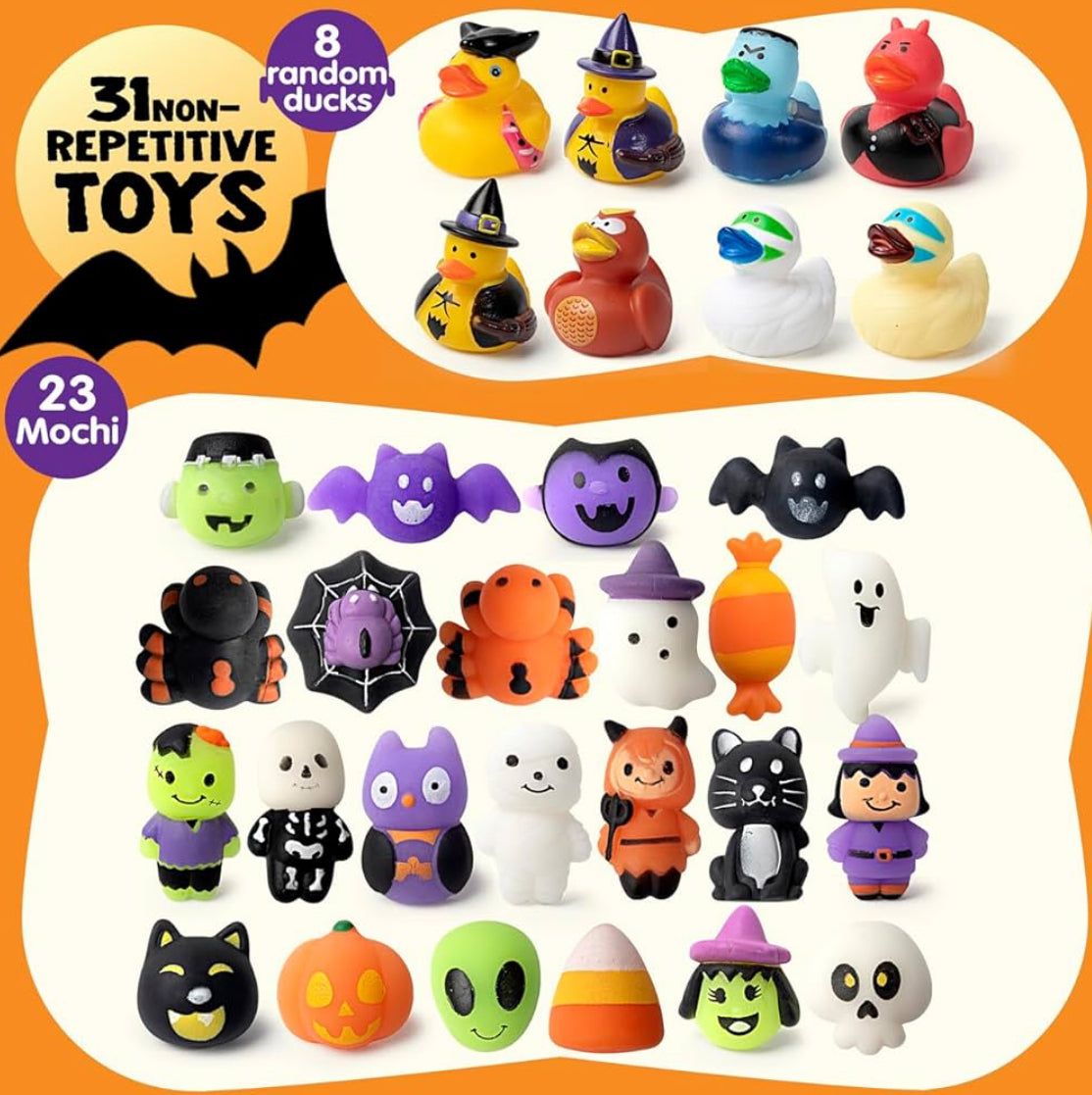 JOYIN Halloween Adventskalender 2025 met Verrassing Speelding, 31 Dae Vakansie Aftelling na Halloween met Mochi en Verrassing Rubber Eend, Aftelling Kalender Speelding vir Kinderpartytjie Gunsies, Soet of Suur