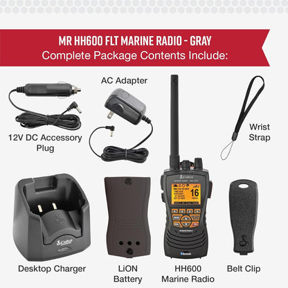 Cobra MR HH600FLTBTGPS Handheld Dryf-VHF-radio – 6 Watt, GPS, Bluetooth, Onderdompelbaar, Geraasdempende mikrofoon, Verligte LCD-skerm, Geheue-skandering, Grys